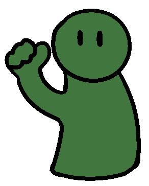 A green person with just a torso, round head, and eyes, gesturing to their head with their thumb.